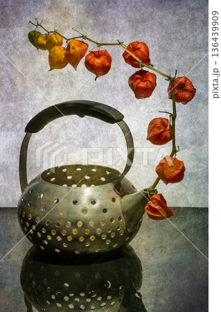 Still life with a branch of physalis in a leaky teapot Still life with a branch of physalis in a leaky teapot 136439909