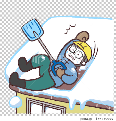 Illustration of a senior man slipping while removing snow from the roof 136439955