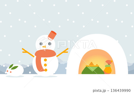 かまくらと雪だるまのある雪景色 かまくらと雪だるまのある雪景色 136439990