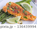 Delicious haddock fish piccata, battered fish fillet with capers, lemon and asparagus, horizontal 136439994
