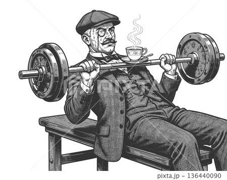 gentleman bench pressing barbell with teacup gentleman bench pressing barbell with teacup 136440090