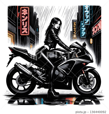 Stylish woman on motorcycle in neon-lit city rain 136440092