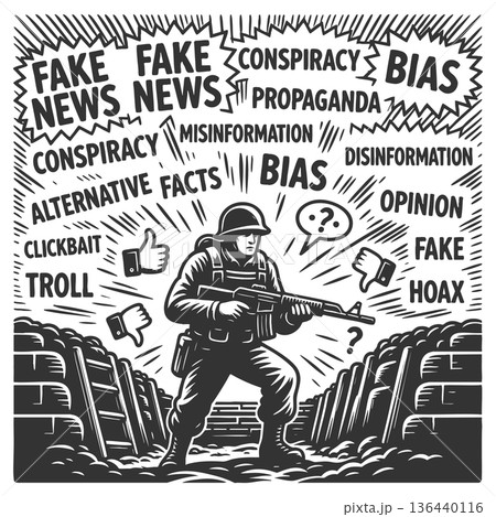 Soldier overwhelmed by fake news and propaganda Soldier overwhelmed by fake news and propaganda 136440116