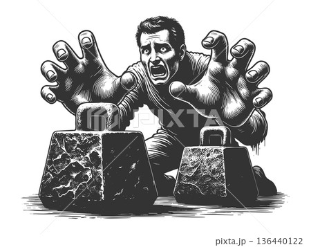 Desperate man reaching for heavy weights vector Desperate man reaching for heavy weights vector 136440122