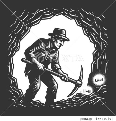 Man mining social media likes raster illustration Man mining social media likes raster illustration 136440151
