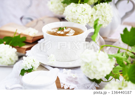 Delicate white tea cup with herbal tea and floating  136440187