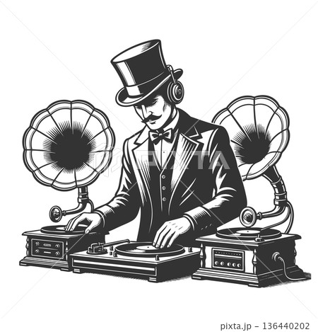 Vintage gentleman DJ mixing on gramophones vector Vintage gentleman DJ mixing on gramophones vector 136440202