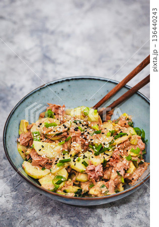 Asian style protein tuna cucmbers and green onion fresh salad 136440243