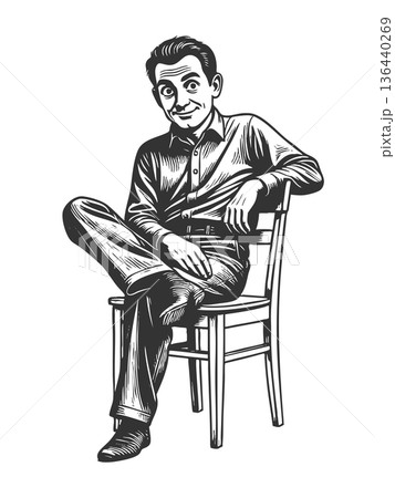 Smiling man casually sitting on wooden chair 136440269
