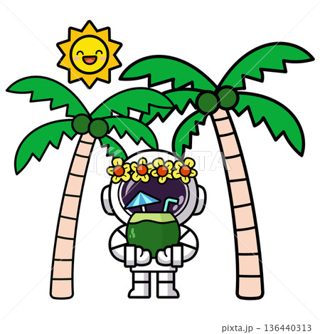 Cute Astronaut on Tropical Vacation with Coconut water, Summer Cosmic Vacation Cute Astronaut on Tropical Vacation with Coconut water, Summer Cosmic Vacation 136440313