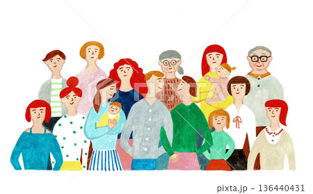 祖父母から赤ちゃんまで三世代が集う大家族の集合水彩イラスト 136440431