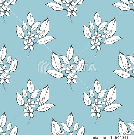 Elegant blooming branches seamless pattern on blue 136440432