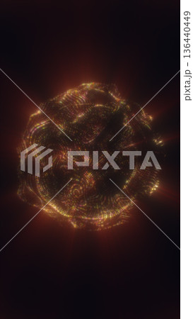 Glowing golden particle orb with red light rays on dark background, abstract cosmic energy sphere for futuristic technology, power, and sci-fi concepts 136440449