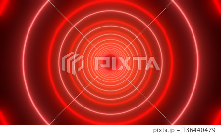 Intense red concentric neon rings forming a glowing tunnel, abstract energy portal backdrop with symmetry, depth, and cinematic light 136440479