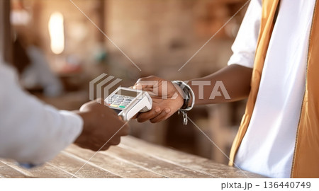 Photograph of a customer paying with their phone 136440749