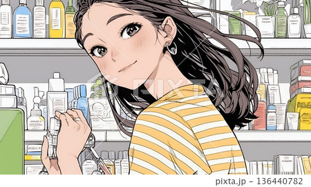 ドラッグストアでコスメを選ぶ若い女性