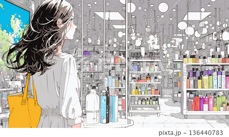 ドラッグストアでコスメを選ぶ若い女性