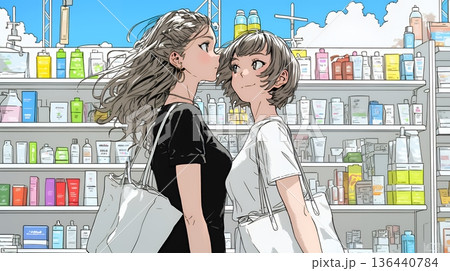 ドラッグストアでコスメを選ぶ若い女性