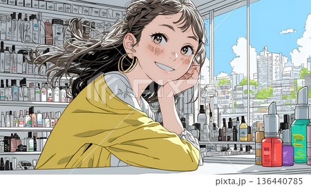 ドラッグストアでコスメを選ぶ若い女性