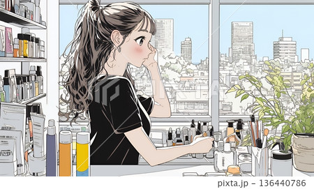 ドラッグストアでコスメを選ぶ若い女性