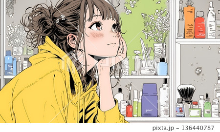 ドラッグストアでコスメを選ぶ若い女性