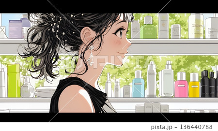 ドラッグストアでコスメを選ぶ若い女性