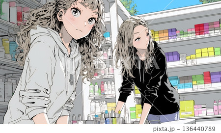 ドラッグストアでコスメを選ぶ若い女性