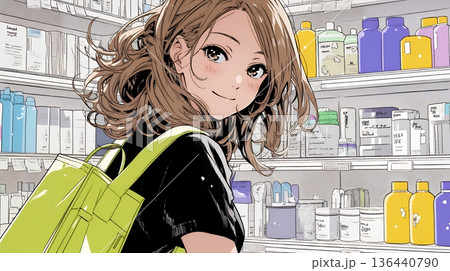 ドラッグストアでコスメを選ぶ若い女性