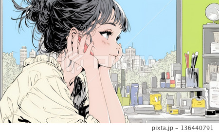 ドラッグストアでコスメを選ぶ若い女性