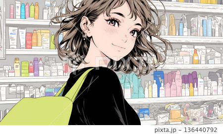 ドラッグストアでコスメを選ぶ若い女性