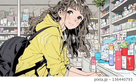 ドラッグストアでコスメを選ぶ若い女性