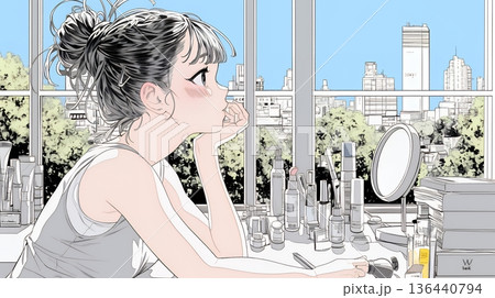 ドラッグストアでコスメを選ぶ若い女性