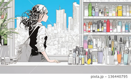 ドラッグストアでコスメを選ぶ若い女性