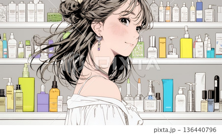 ドラッグストアでコスメを選ぶ若い女性