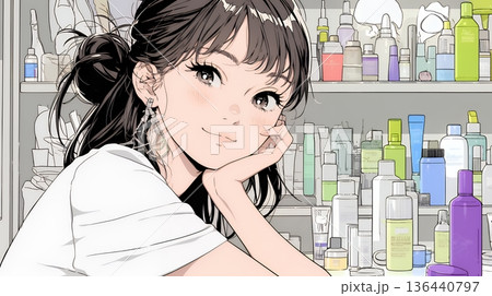 ドラッグストアでコスメを選ぶ若い女性