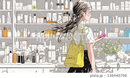 ドラッグストアでコスメを選ぶ若い女性