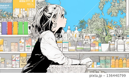 ドラッグストアでコスメを選ぶ若い女性