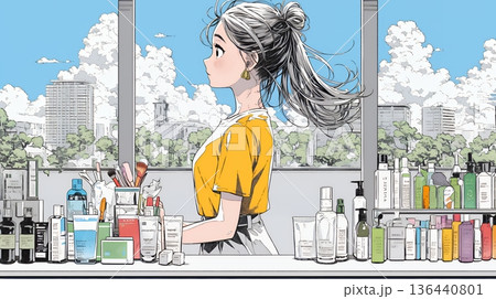 ドラッグストアでコスメを選ぶ若い女性