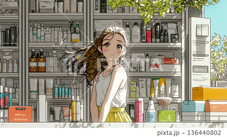 ドラッグストアでコスメを選ぶ若い女性