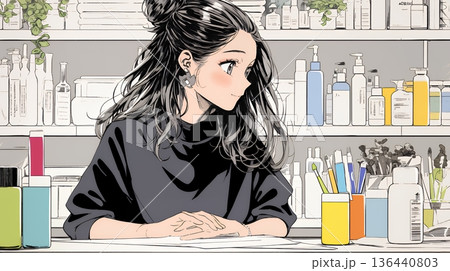 ドラッグストアでコスメを選ぶ若い女性