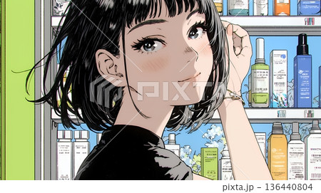 ドラッグストアでコスメを選ぶ若い女性