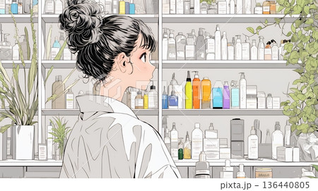 ドラッグストアでコスメを選ぶ若い女性