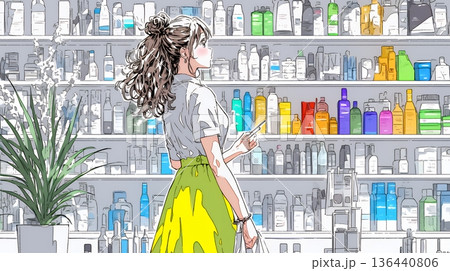 ドラッグストアでコスメを選ぶ若い女性