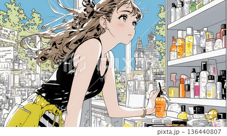 ドラッグストアでコスメを選ぶ若い女性