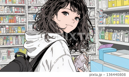 ドラッグストアでコスメを選ぶ若い女性