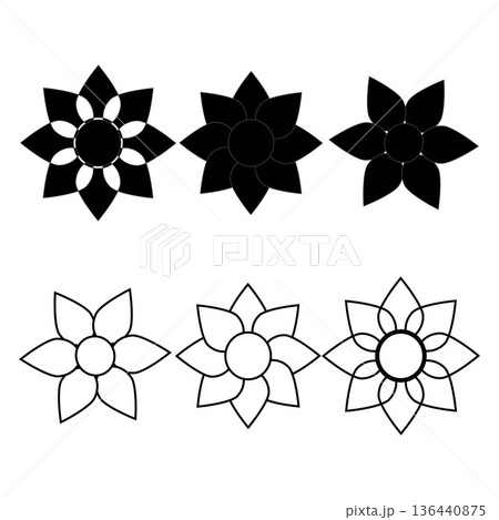 Collection of black daisy flower icons in solid silhouette and outline styles, perfect for logo design, branding, decorative elements, print, packaging, and modern botanical themed projects. 136440875