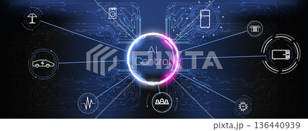 Diagram shows AI control at the center with links to smart devices like cars, appliances, health monitors, and user interfaces. Technology connects them all in a digital setup. Diagram shows AI control at the center with links to smart devices like cars, appliances, health monitors, and user interfaces. Technology connects them all in a digital setup. 136440939