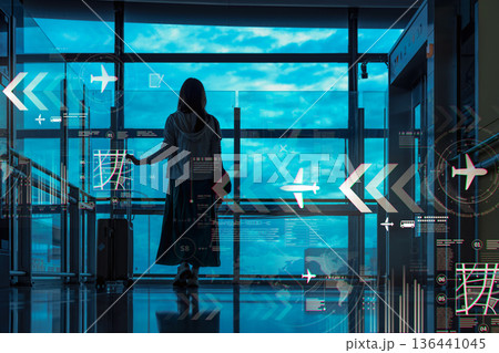 未来空港の女性と情報 ■撮影協力:関西国際空港(KIX) 未来空港の女性と情報 ■撮影協力:関西国際空港(KIX) 136441045