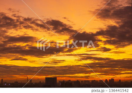 Silhouette of the city with the sky on sunset , Bangkok , Thailand Silhouette of the city with the sky on sunset , Bangkok , Thailand 136441542