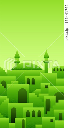 Arabic city panorama in pistachio green color for chocolate packaging Arabic city panorama in pistachio green color for chocolate packaging 136441762